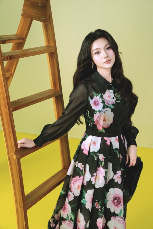Sixdo Black Organza Flared Dress